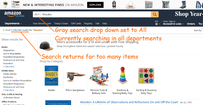 This shows a search on Amazon. Currently, we are searching in all departments and far too many items are returned Make Money Woodworking