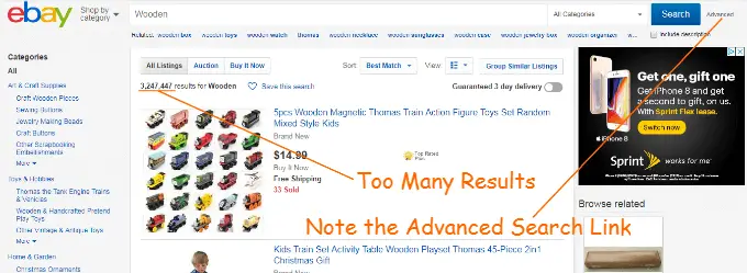 This Ebay Search returns far too many results. Also, note that the Advanced Search link is located to the right of the Search button. Press this link in order to do to the Ebay Advance Search screen.