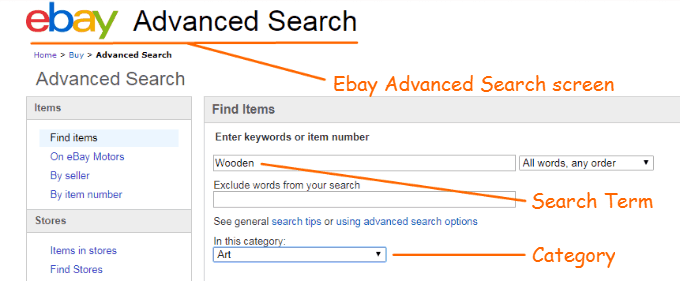 The Ebay Advanced Search screen
