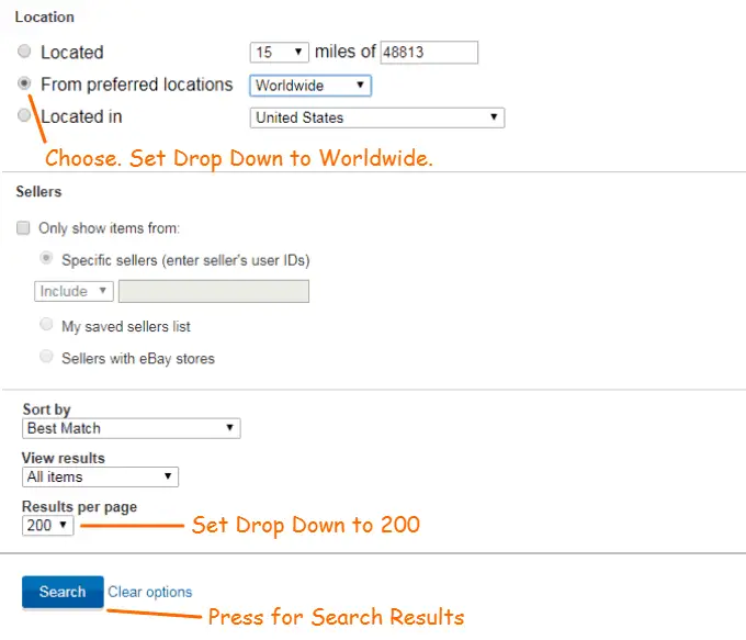 Other Ebay Advanced Search screen options. Press the Search button for the search results.