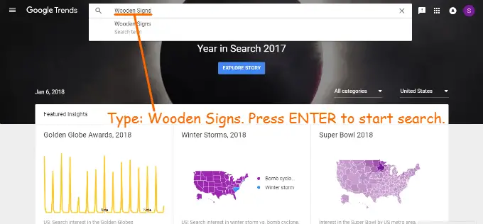 Main Google Trends screen. Wooden Signs has been typed as search term. Press ENTER on keyboard to start the search.
