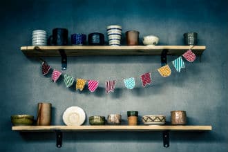 This is a picture of shelves supported by angle brackets. The shelves are holding decorative ceramic items. Small image.