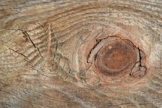 This image is found in the How To Use A Jigsaw To Cut A Hole blog post. It shows wood with a loose knot hole and cracks.