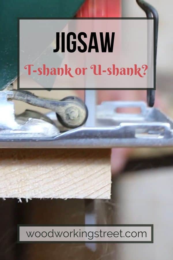 This shows a jigsaw cutting through a piece of wood. It is the Pinterest image for the Can You Use A T-Shank Blade in a U-Shank Jigsaw blog article. To read it, click the pin.