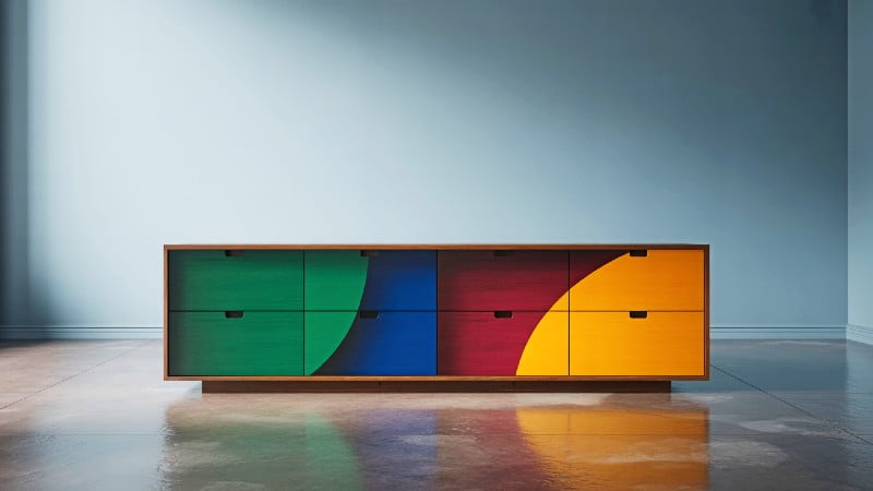 Statement-making modern cabinet, vividly hand-painted with bold geometric color-blocking in sections of green, blue, red, and yellow.