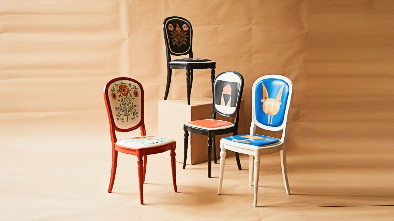 Assortment of uniquely hand-painted chairs, displaying creative designs and personality for seating.