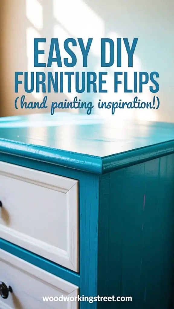 Pinterest pin with text 'EASY DIY Furniture Flips (Hand Painting Inspiration!)' over a close-up of a brightly painted furniture detail. URL woodworkingstreet.com at bottom. For DIY furniture makeover ideas.