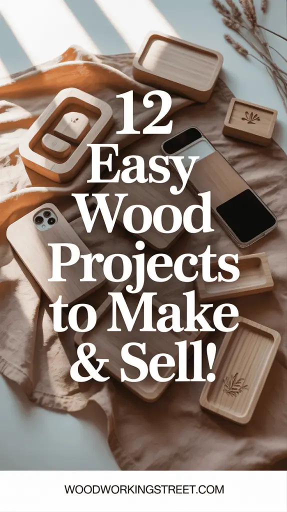 Flat lay on a workbench displaying various handmade small wooden projects crafted from scrap wood, suitable for selling. Overlay text: 12 Easy Wood Projects to MAKE & SELL!