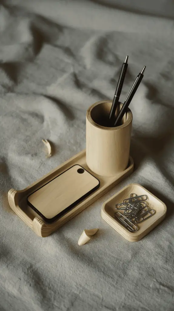 Handmade wooden desk organizer gift set including phone stand, pen cup, and dish, made from scrap wood.