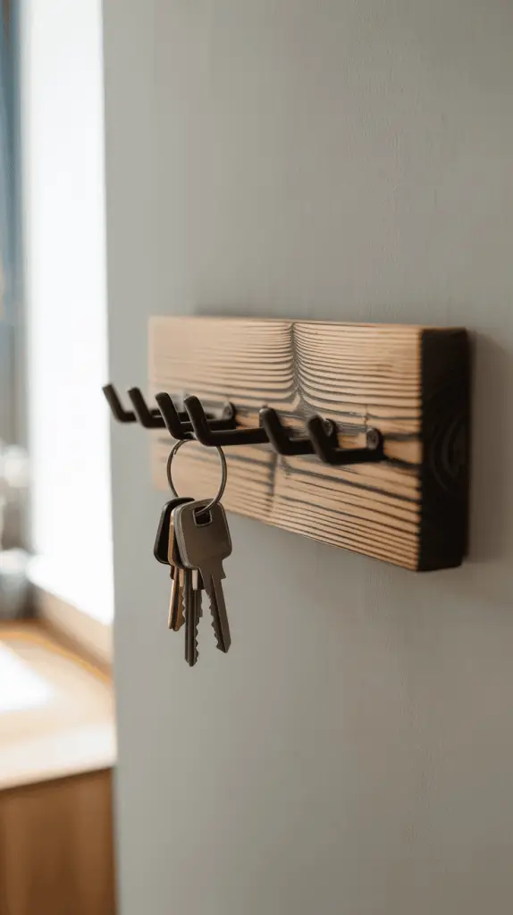 Modern Shou Sugi Ban wooden key rack with black hooks and keys in an entryway.