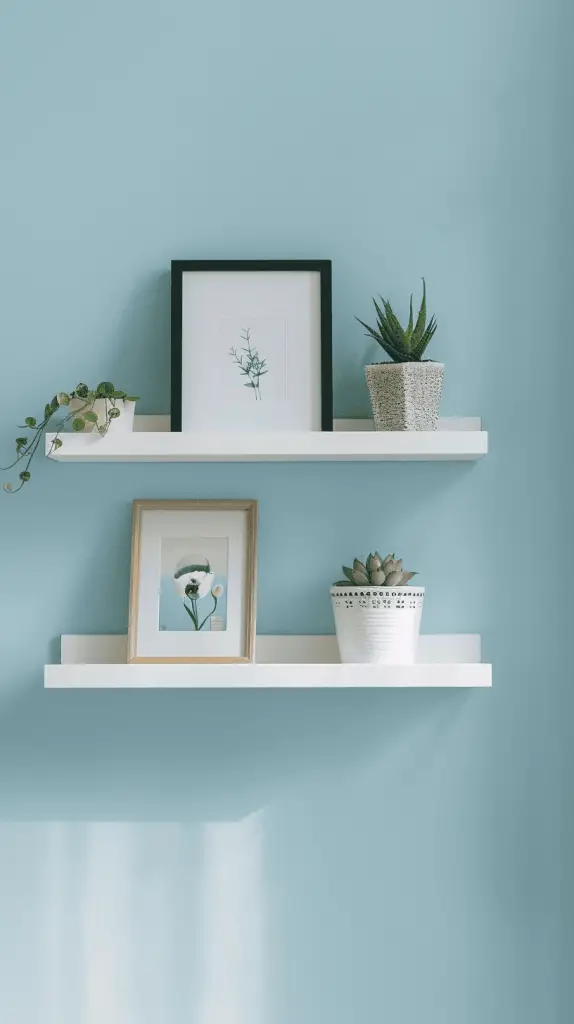 Wall with three picture ledge shelves displaying photos, art, and plants.