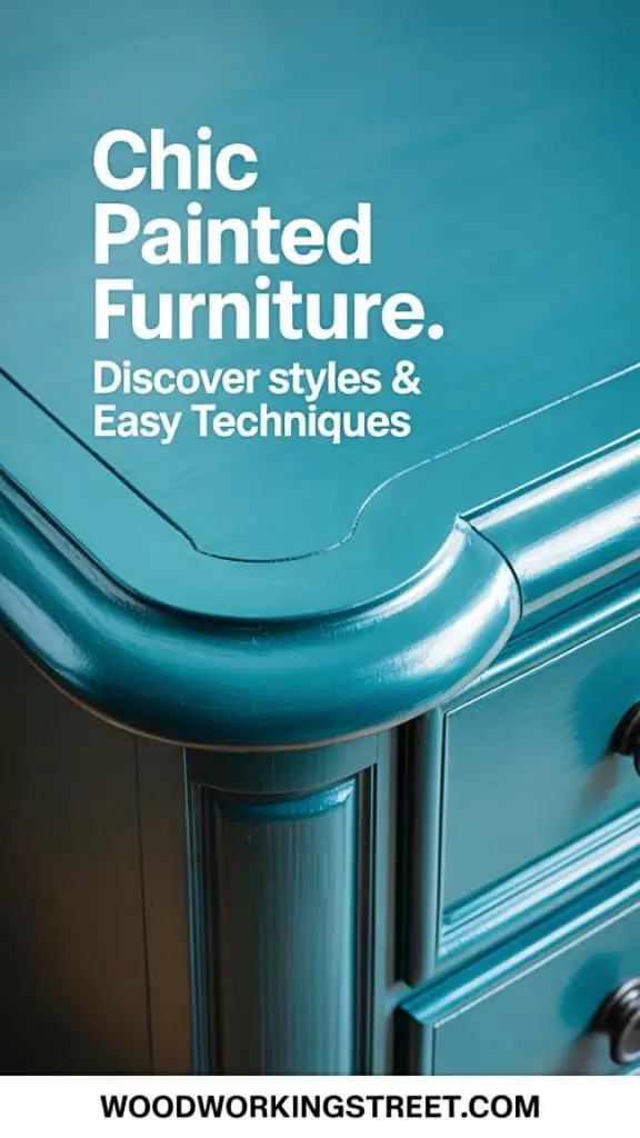 Pinterest pin: 'CHIC PAINTED FURNITURE. Discover Styles & Easy Techniques' text on an elegant, smoothly painted furniture surface. URL woodworkingstreet.com at bottom. Ideas for stylish painted furniture.
