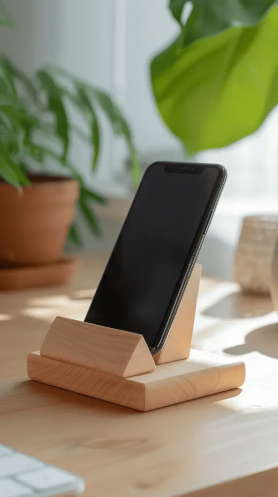 Minimalist light maple wooden phone stand with triangle support holding a smartphone on a desk.