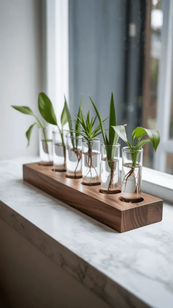 Japandi style wooden plant propagation station with three test tubes holding plant cuttings.
