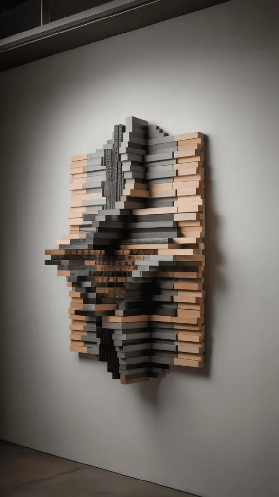 Abstract layered wood soundwave panel with varied textures and colors as wall art.