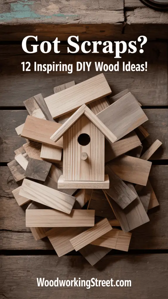 Creative flat lay: a small handmade wooden birdhouse sits atop a circular arrangement of wood scraps. Text overlay: Got Scraps? 12 Inspiring DIY Wood Ideas!