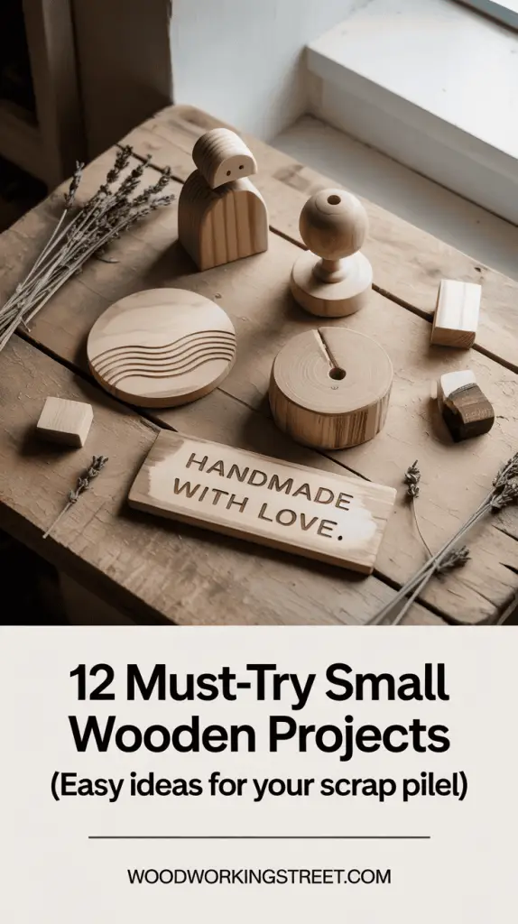 Flat lay of various handmade small wooden projects like coasters and decor, illustrating '12 Must-Try Small Wooden Projects - Easy Ideas for Your Scrap Pile!