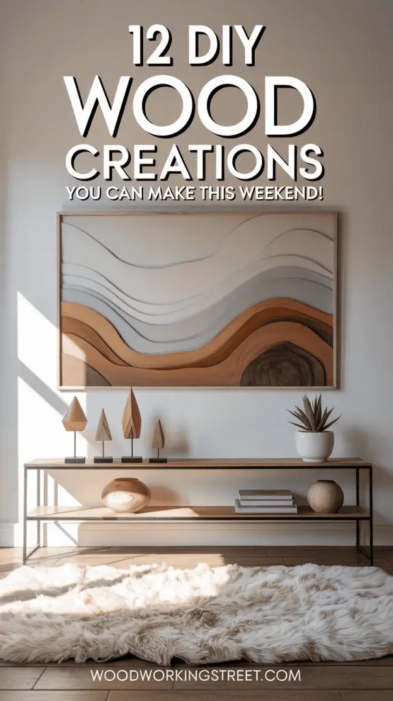 Modern living space featuring DIY wood furnishings such as an abstract wall panel and small wooden sculptures. Text: 12 DIY Wood Creations You Can Make This Weekend!