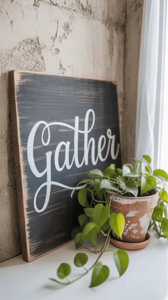 Rustic wooden farmhouse sign with 'gather' in white script, next to a potted Pothos plant.