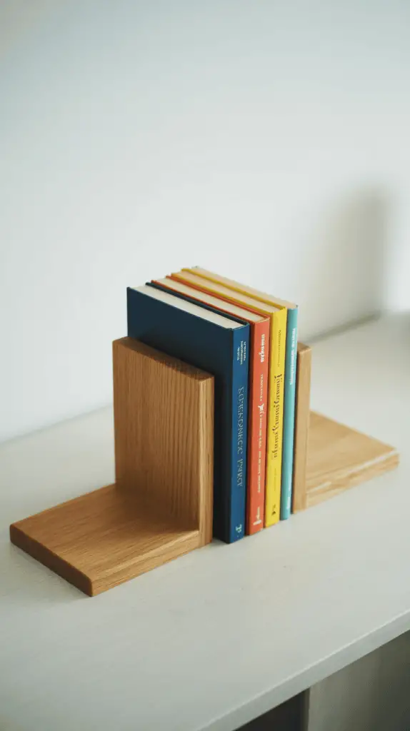 Pair of L-shaped light oak wooden bookends holding colorful books on a white desk.