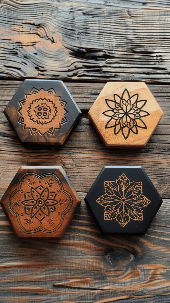Set of four handmade Boho chic and modern geometric wooden coasters.