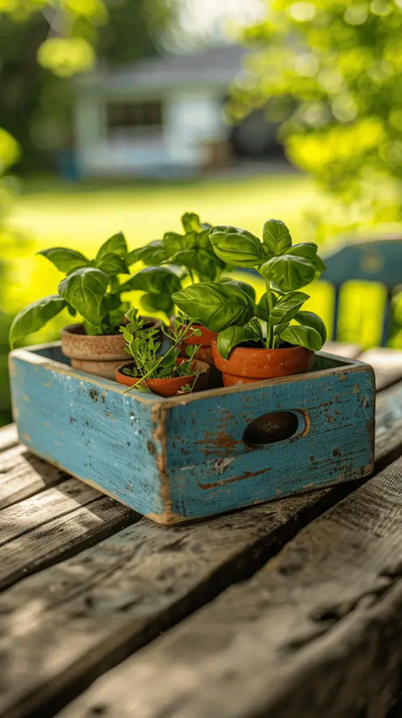 Farmhouse blue wooden caddy with handle, holding small herb pots on an outdoor table.