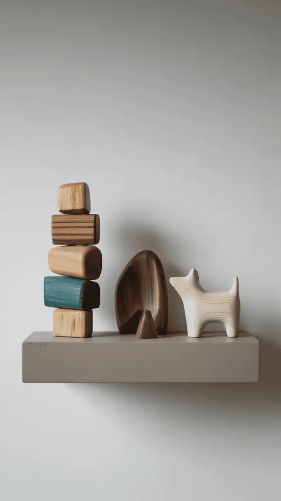 Collection of unique miniature handmade wooden sculptures on a shelf.