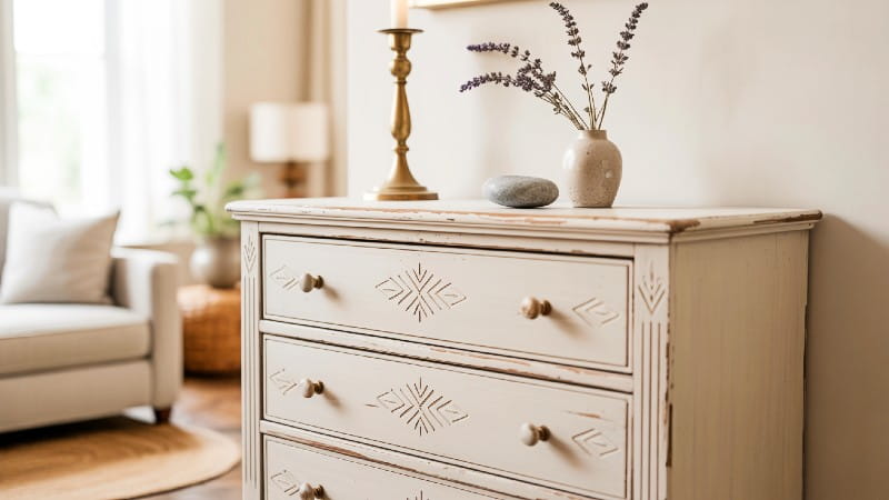 Elegantly hand-painted vintage dresser in a distressed farmhouse white with boho-chic details, illustrating timeless charm reimagined.