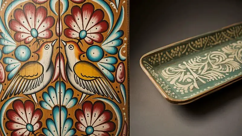 Detailed close-up displaying two hand-painted folk art styles: vibrant Mexican floral and bird motifs on a decorative wall panel, alongside delicate Scandinavian patterns on a tray.