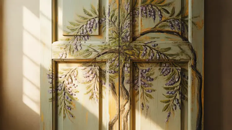 An artistic door mural featuring a vine-like plant design rendered in a warm, brownish-tan color palette.