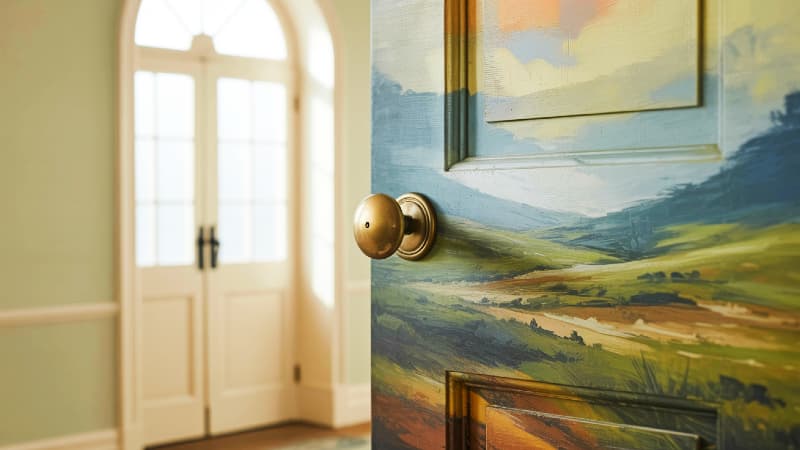 An elegant interior door transformed into a work of art with a stunning, full-door mural depicting a serene abstract landscape.