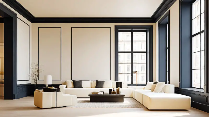 A modern living room featuring light walls dramatically framed by deep, dark contrast trim around windows and baseboards, creating a bold and sophisticated design.