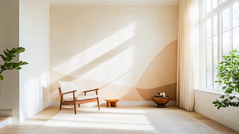 A bright and elegant living room showcasing a stunning accent wall with a hand painted, subtle geometric pattern in soft earth tones.