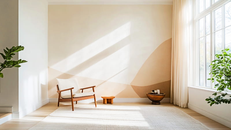 A bright and elegant living room showcasing a stunning accent wall with a hand painted, subtle geometric pattern in soft earth tones.