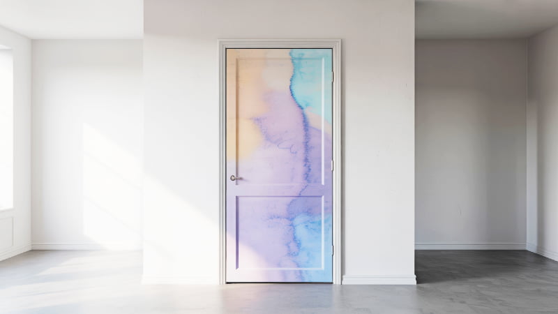 A beautiful interior door featuring a simple, artistic mural, showing how door murals can expand décor horizons throughout the home.