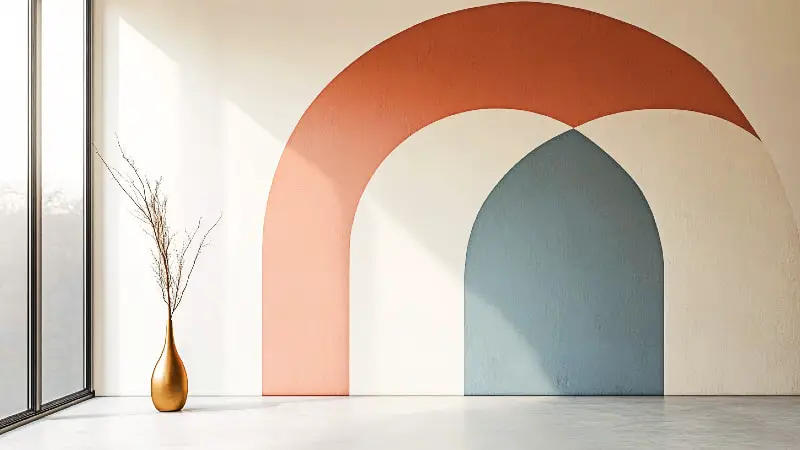 A modern living room corner with a bold, minimalist hand painted arch pattern on an accent wall, providing inspiring wall painting ideas.