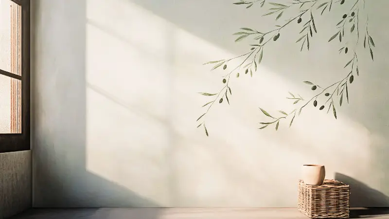 A calming wall with a delicate and simple hand painted pattern of olive branches, an example of choosing a perfect organic pattern for a space.
