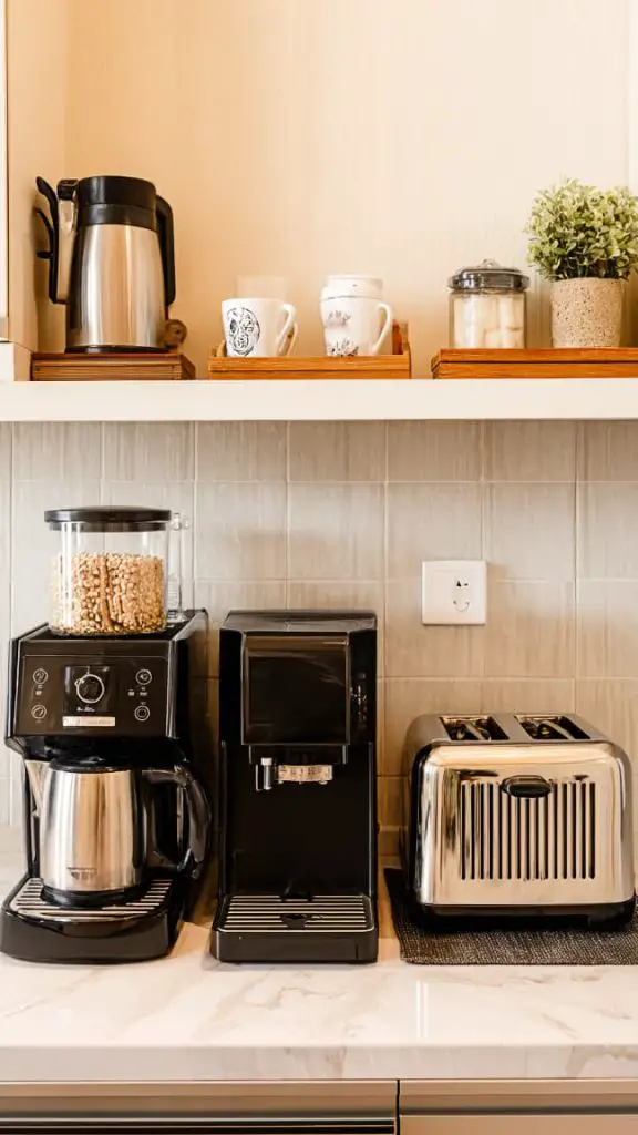 A tidy kitchen countertop with aesthetically placed small appliances grouped in a functional zone.