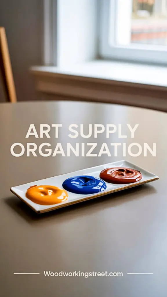 A close-up view of a clean tabletop with an artist's palette holding a few distinct blobs of paint, illustrating art supply organization. The image includes an overlay that reads "Art Supply Organization" and the URL "Woodworkingstreet.com" at the bottom.
