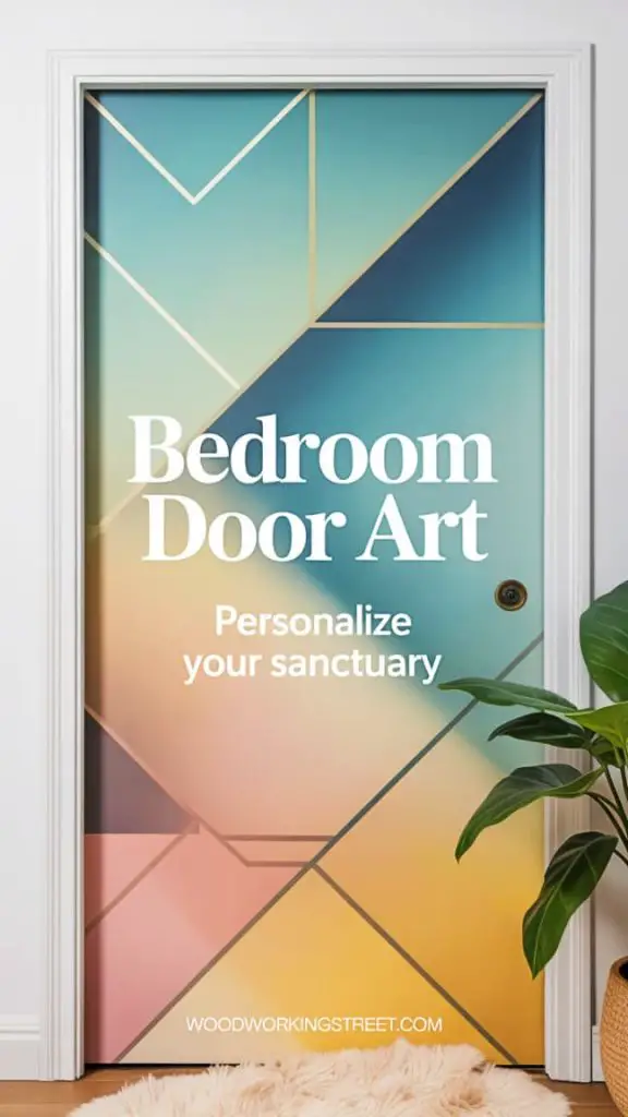 Pinterest pin image showcasing a calm bedroom door with a minimalist geometric mural. Text overlay: Bedroom Door Art.