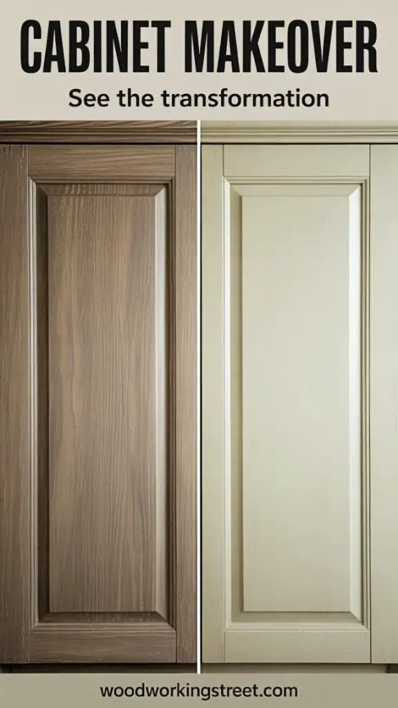 Pinterest pin showing a before-and-after image of a dated oak cabinet door transformed with a fresh coat of light sage green paint. Text: Cabinet Makeover.