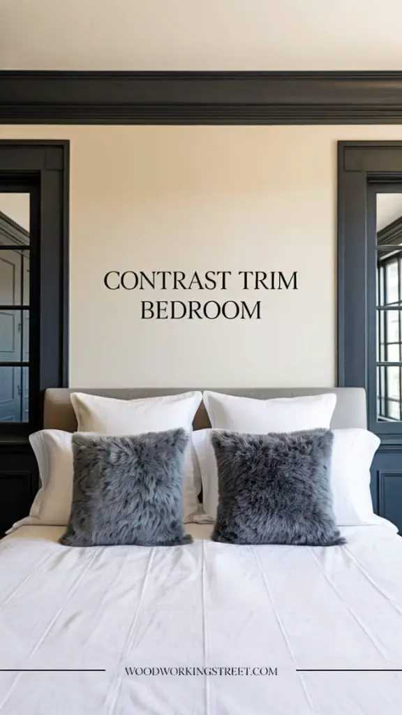Pin image of an elegantly designed bedroom showcasing dark trim sharply contrasting with light-colored walls, creating a sophisticated and defined look.