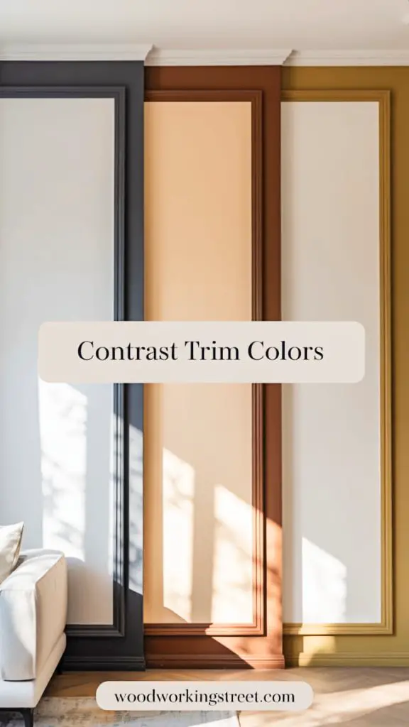 Pin image illustrating different contrast trim color combinations for interior design.