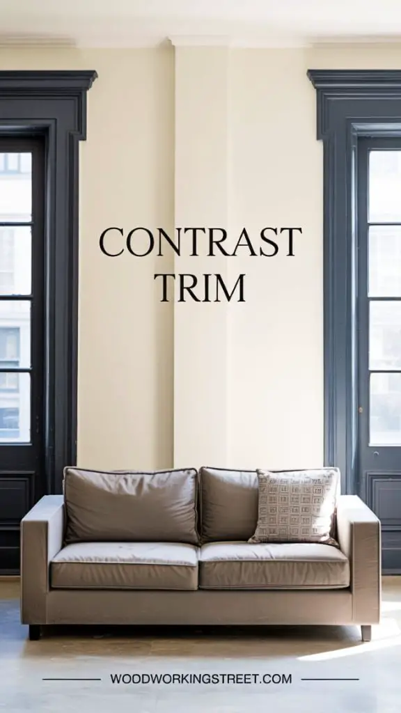 Pin image showing a living room with prominent contrast trim, highlighting its modern and elegant appeal.