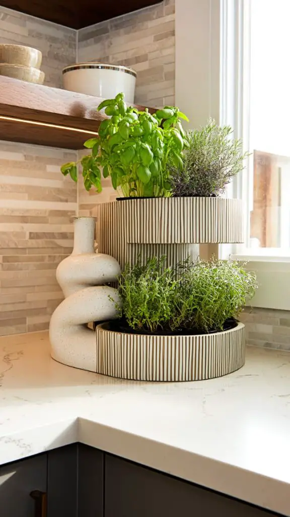 A kitchen corner countertop creatively styled with a tiered organizer.