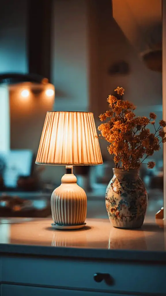 A kitchen countertop illuminated by a small, elegant lamp, creating a cozy ambiance.
