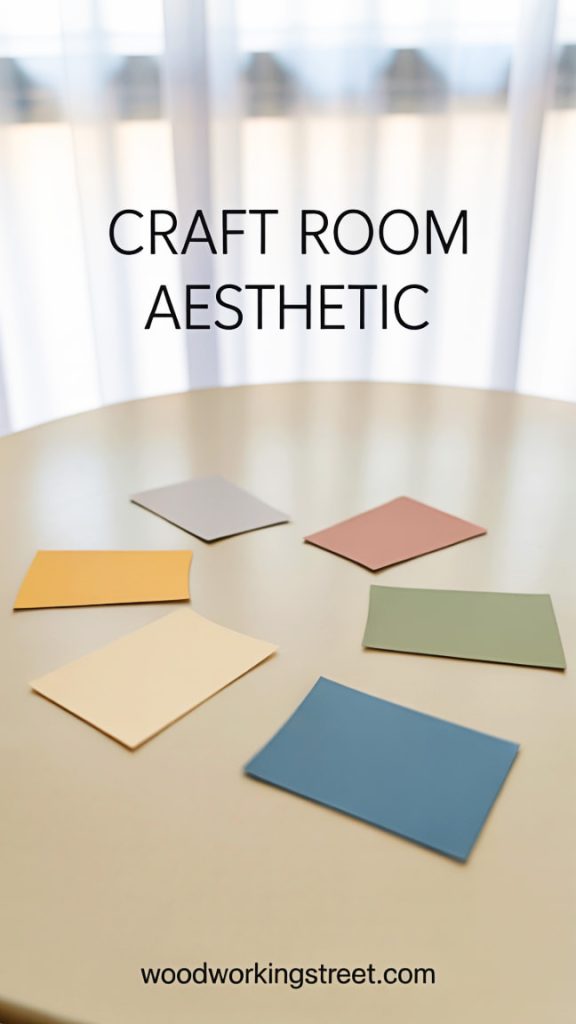 A view of a clean, minimalist craft table surface with several individual color swatches, each a different solid color, representing a serene craft room aesthetic. The image includes an overlay that reads "Craft Room Aesthetic" and the URL "WoodworkingStreet.com" at the bottom.