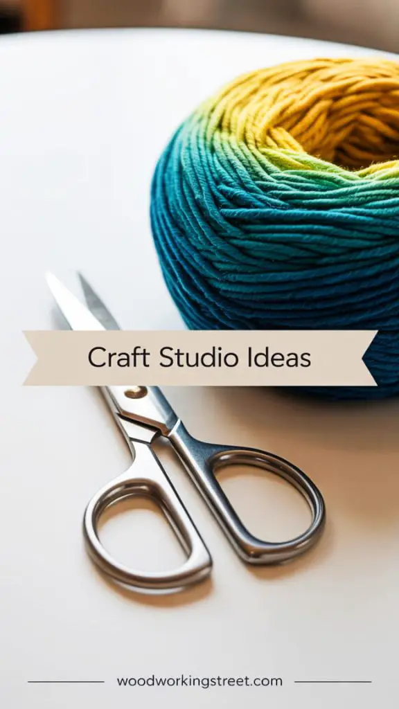 A close-up view of a clean table surface featuring a pair of sharp scissors and a colorful ball of yarn.