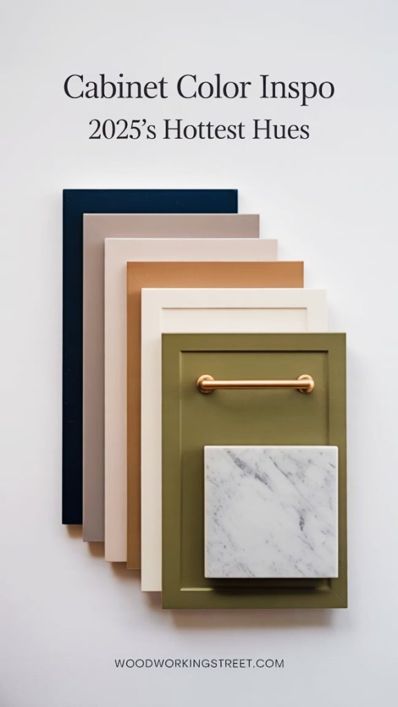 Pinterest pin of a mood board with paint color swatches and a modern brass handle for kitchen cabinet inspiration. Text: Cabinet Color Inspo.
