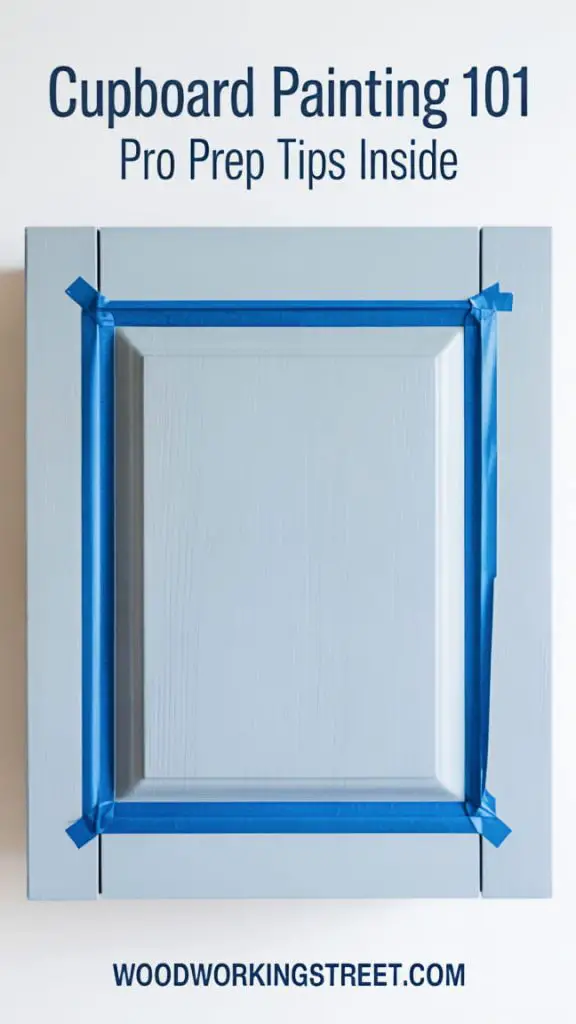 Pinterest pin showing blue painter's tape neatly applied to a primed cabinet door for a DIY project. Text: Cupboard Painting 101.